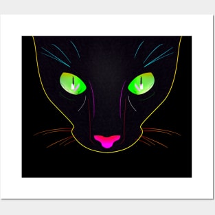 Black Cat with Green Fluorescent Eyes - Illustration Posters and Art